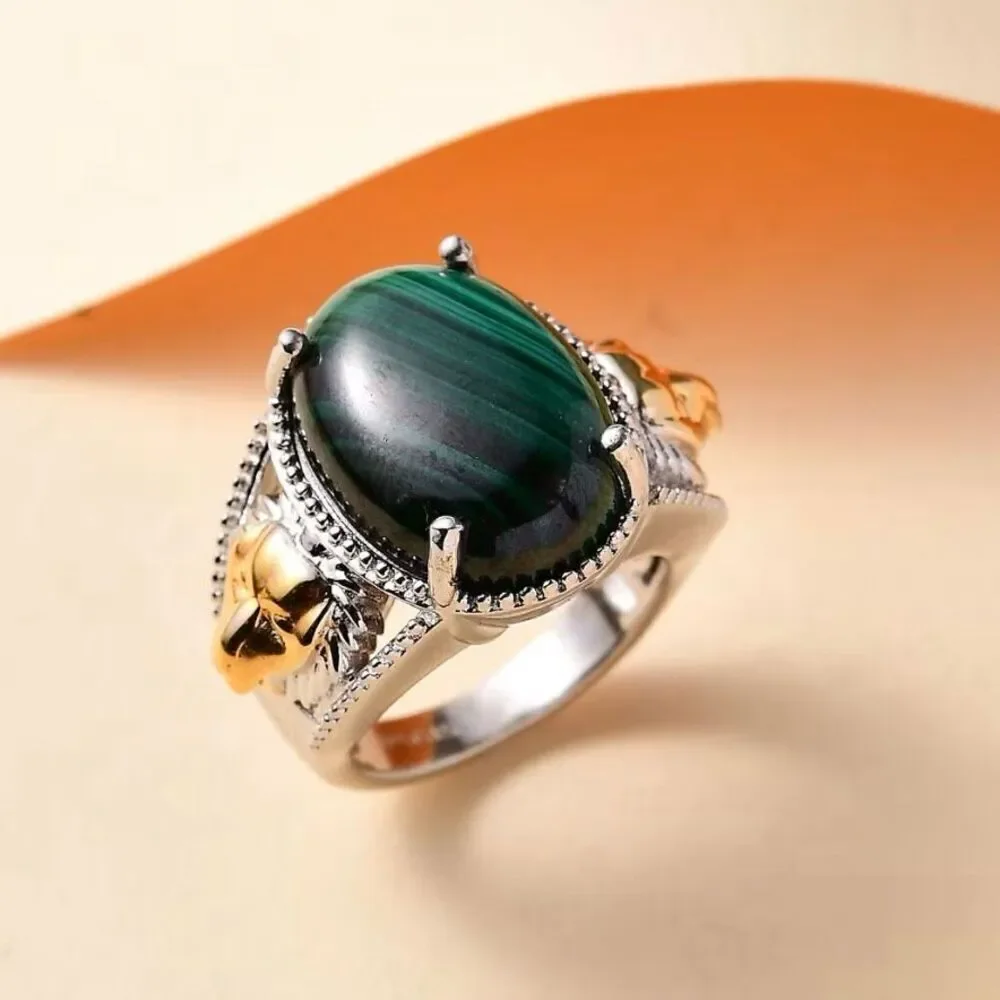 Malachite 16.5 ctw Lion Motif Statement Ring Bold Southwestern Style 18K YG Sz 5